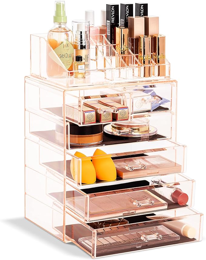 Sorbus Acrylic Makeup Organizer Set, 6-Drawer Vanity & Countertop Cosmetic Storage with Small & Wide Compartments, Pink Makeup Storage for Brushes, Jewelry – Holiday Gift for Women & Teens