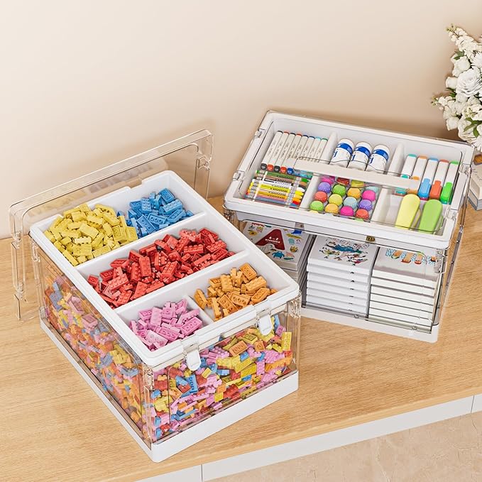 24QT 2Packs Clear Craft Organizers and Storage with Trays, Art Supply Organizer and Storage, Craft Storage Box with Lid for Beads, Markers, Coloring Books, Sewing, Playdoh and Tools