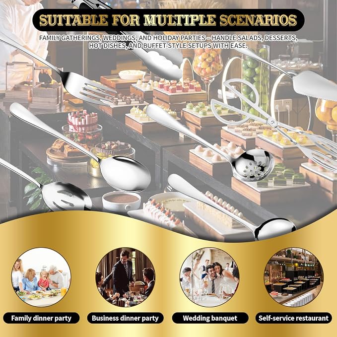 32 Piece Stainless Steel Serving Utensils Set - Complete Buffet Serving Spoons, Tongs, Ladles, Spatulas for BBQ, Parties, Weddings, Catering and Events (Silver)