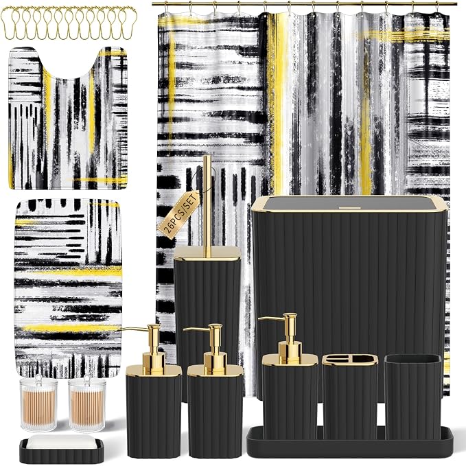 Bathroom Set - Bathroom Accessory Set, Black Bathroom Set, 26PC Bathroom Sets with Shower Curtain and Rugs, Toilet Brush, Trash Can, Qtip Holder & Bathroom Soap Dispenser Set