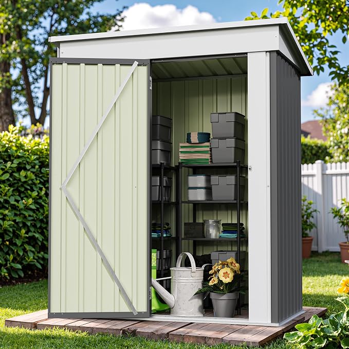 Patiowell 5x3 FT Outdoor Storage Shed, Garden Tool Shed | with Sloping Roof and Lockable Door, Metal Shed for Backyard Garden Patio Lawn, Gray