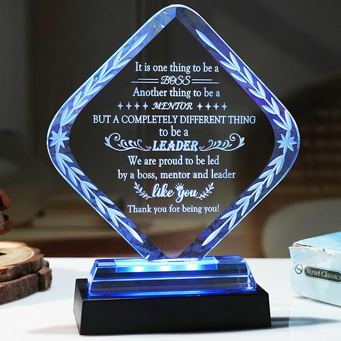 Glass Best Boss Ever Gifts for Women with LED Light Base, Personalized Appreciation Gift for Men, Retirement Plaque Gifts for Lady Boss Going Away, Boss's Day Gift Idea for Office Home Decoration