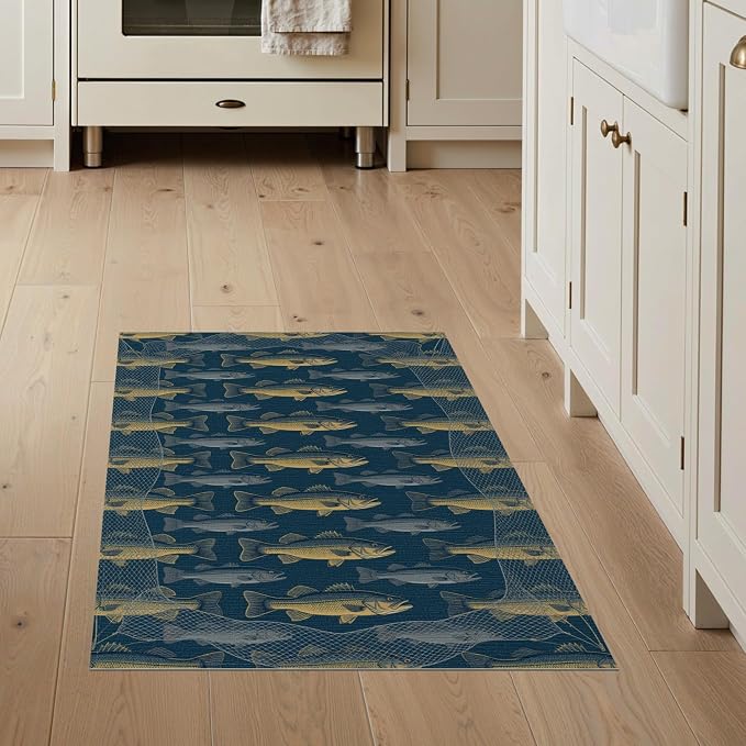 3'x5' Washable Area Rug Bass Repeating Lure Net Border Tackle Motif Angler Fish Fishing Refined Stain Resistant Flatwoven for Entryway, Kitchen, Mudroom