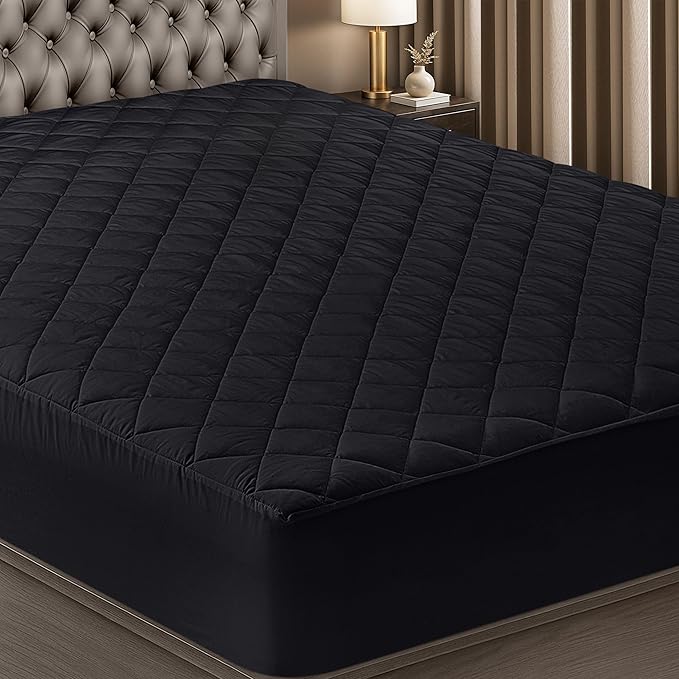 Quilted Fitted Mattress Pad, King Mattress Protector Topper with Deep Pocket Stretches up to 16 Inches, Machine Washable Mattress Cover by Utopia Bedding (Black)
