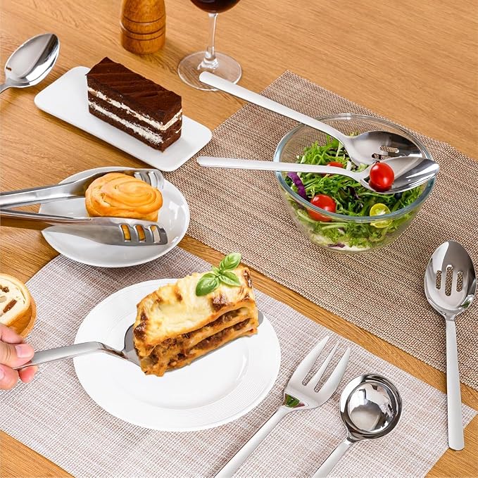 12 piece Large Hostess Serving Utensils Set,18/10 Stainless Steel | Heavy Duty Serving Spoons, Slotted Spoons, Forks, Tongs, Cake Pie Server, Butter Knife,Sugar spoon for Buffet, Wedding, Party