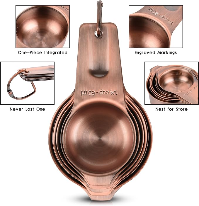 Copper Measuring Cups and Spoons Set 14, Stainless Steel Measuring Cups and Spoons set for Kitchen & Baking, 7 US & Metric Measure Cups & 6 Long Handle Spice Measuring spoons & 1 leveler