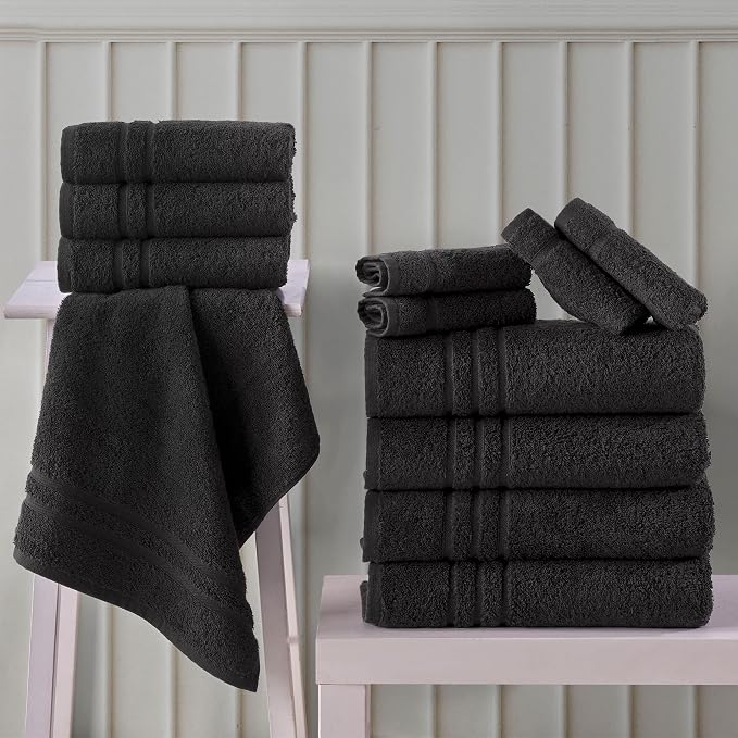 Black 6 Pack Bath Towels Sets Linen for Bathroom Original Turkish Cotton Soft, Absorbent and Premium 2 Bath, 2 Hand, 2 Washcloths