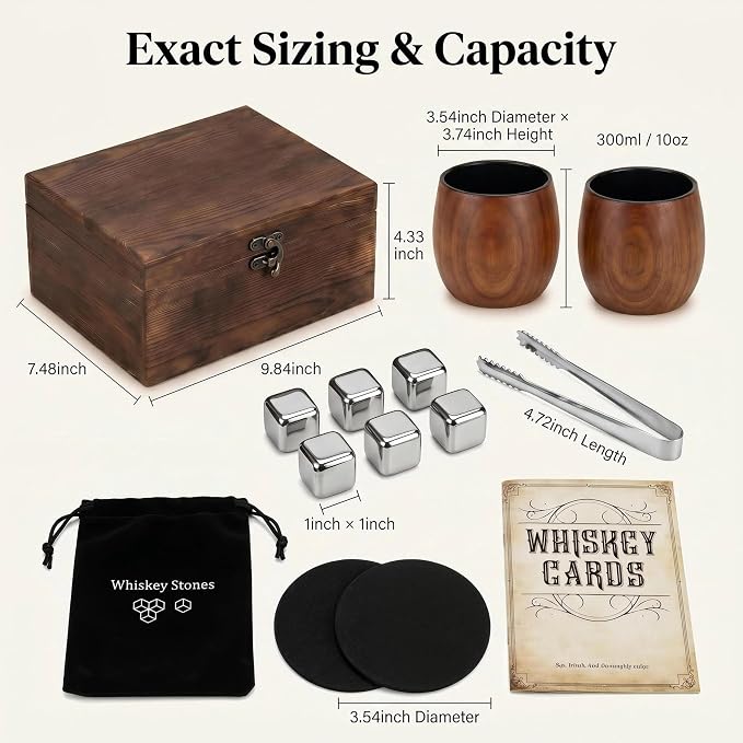 Wooden Whiskey Glass Set - Charred Bourbon Cup, Old Fashioned, Gift for Man | Pair 10oz with 6 Stainless Chilling Rocks, 2 Felt Coasters, Tong, Bag & Gift Box for Father's Day, Anniversaries, Retirement