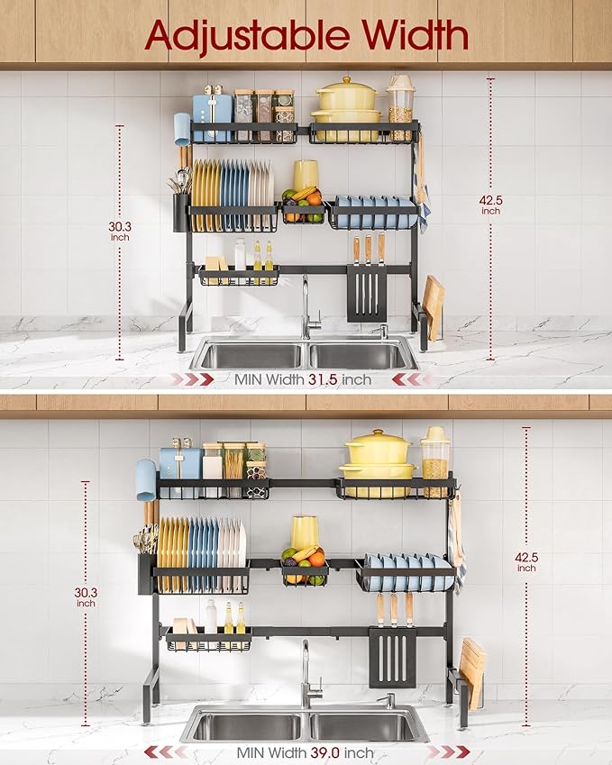 Sakugi Dish Drying Rack Over The Sink, Dish Drainer for Kitchen Counter | Stainless Steel Storage Organizer with Utensil Knife Holder & Hooks, Adjustable 11.8"Dx31.5"~39"Wx30"H, Black