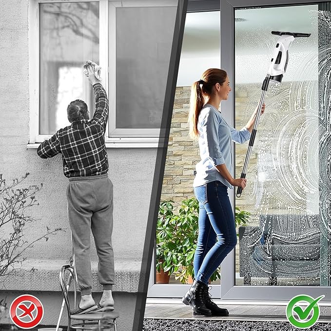 Window Vacuum Squeegee Electric Window Cleaner Window Cleaning Tool with 150ml Dirty Water Tank, Extension Handle for Shower Glass, Window Cleaning Car Windows Tiles Mirrors Glass