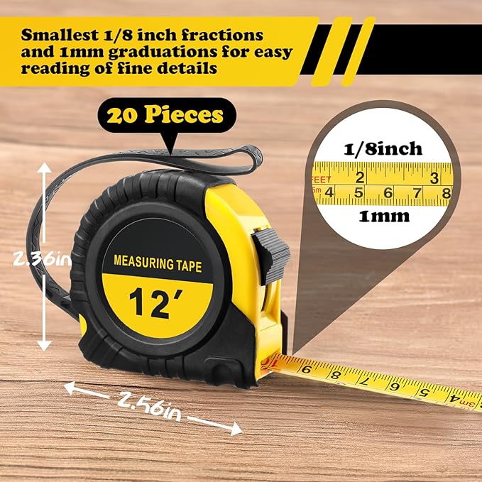 20 Pieces Tape Measure 12 ft Retractable Measuring Tape Bulk with Fractions Marked Easy Read Yellow Measuring Tape Bulk Set for Engineer Contractors, Autowind and Lock