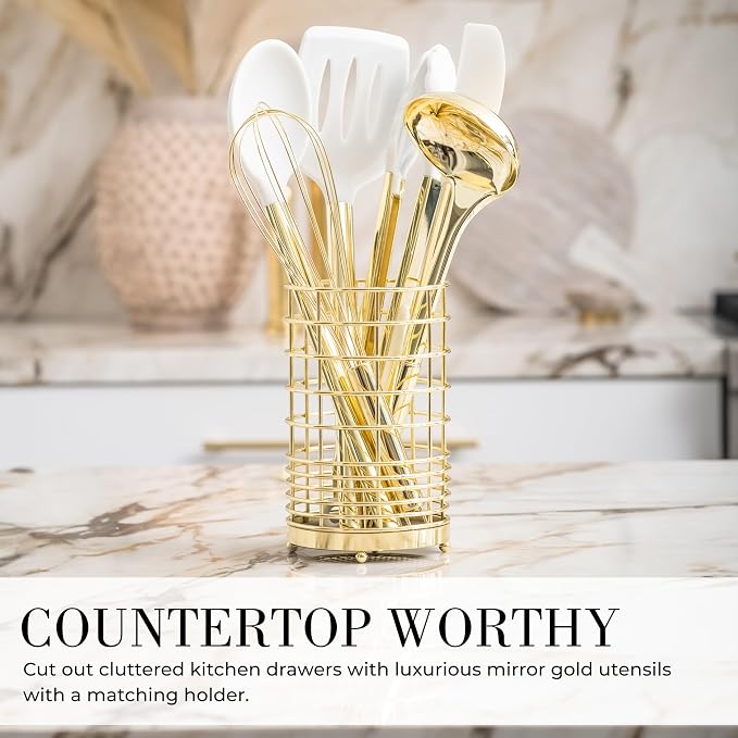 Gold Kitchen Utensils, 7-Piece Silicone Kitchen Utensils Set with Utensil Holder, White and Gold Kitchen Accessories, Luxury Kitchen Accessories for Modern Kitchens