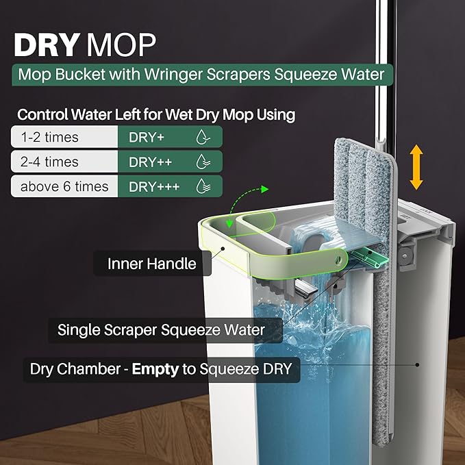 JOYMOOP Flat Mop System, Microfiber Mop and Bucket Set, White, Commercial & Household Use, Hardwood Floor & Wall Cleaning Mop with Long Handle, 4 Microfiber Pads