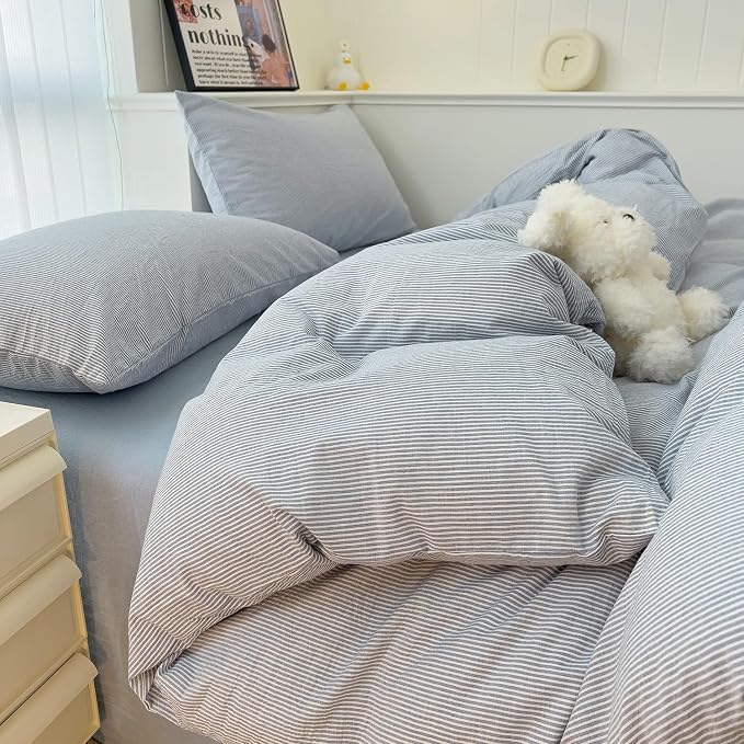 mixinni Striped Duvet Cover Set- 100% Washed Cotton Blue Comforter Cover with White Pinstripe Stripes Pattern Printed Bedding Set with Zipper Closure, 3 Pieces,Full Size