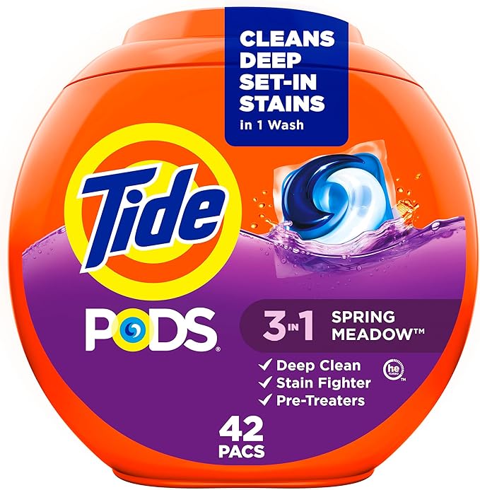 Tide, Pods laundry detergent pacs, 3-in-1 Stain Remover, Odor Fighter, Color Protector, HE compatible, Spring Meadow Scent, 42 Count