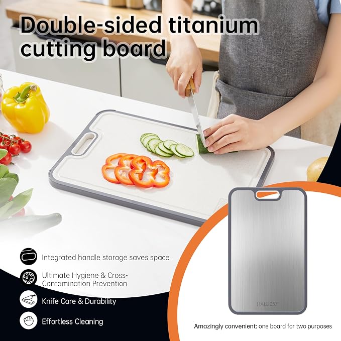Titanium Cutting Board Set of 2 for Kitchen, Non Toxic Cutting Board Double Sided Food Grade, 2-in-1 Pure Titanium and Wheat Straw PP, Chopping Board for Meat and Fruit, Easy to Clean