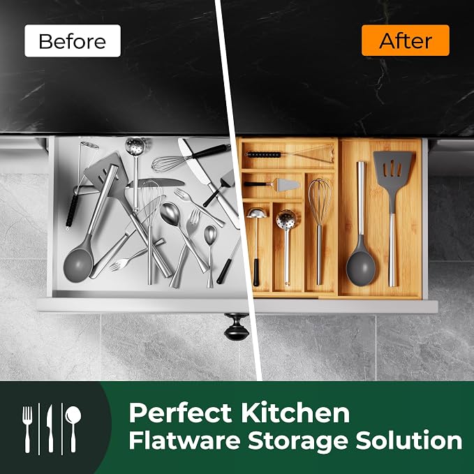 Large Silverware Organizer, 12 Slots Magnetic Connected Expandable Bamboo Utensil Drawer Organizer From 21 to 37.4 Inches, Adjustable Flatware and Cutlery Holder, Utensil Tray for Kitchen Natural