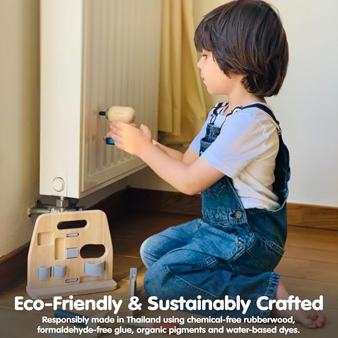 PlanToys® Wooden Handy Carpenter Set Montessori Practical Life Kids Play | hammer, screwdriver, wrench, kids tool set, girls, boys, imaginative fine motor construction learning gift preschool fun
