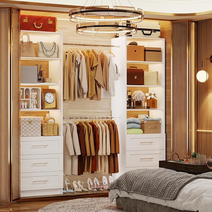 Closet System with 6 Drawers, 5-14FT Custom Closet Organizer System with 8 Expandable Hanging Rods&Adjustable Shelves, Modular Wood Closet Systems Tower for Walk in Closet Storage, 2 Sets, White