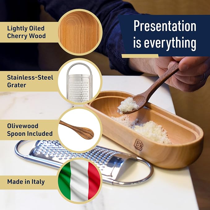 Cheese Grater with Container - Stainless Steel Cheese Grater with Cherrywood Serving Bowl - Fine Shredder Kitchen for Hard Cheese, Spices, and Zesting - Italian Kitchen Gadgets by Kings County Tools