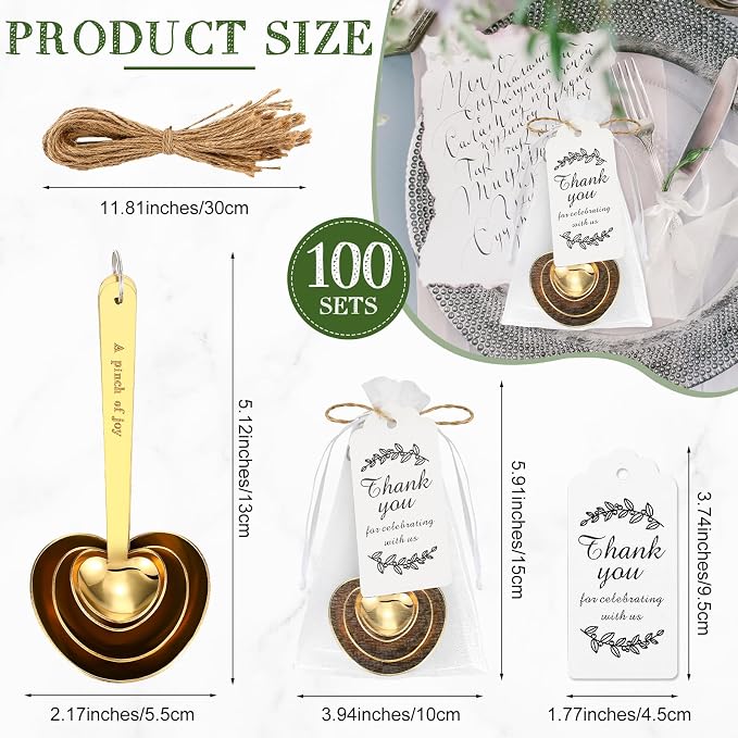 Umigy 100 Set Heart Shaped Measuring Spoon Tea Spoons Wedding Baby Shower Favors for Guests Set Heart Shape Drawstring Organza Bag Gift Tag Rope for Wedding Bridal Shower Souvenir (Gold)