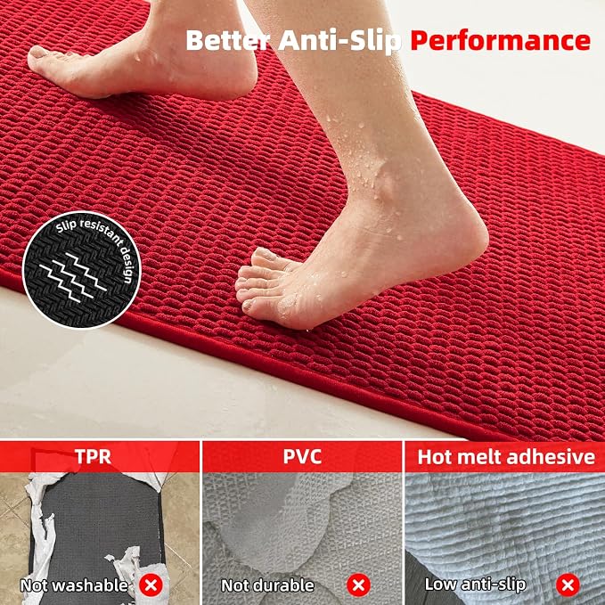 TYUU Christmas Bathroom Rugs Non Slip Washable, Super Absorbent Thin Bath Mat Small Quick Dry Low Pile Bathroom Rug, Red 20"x30"