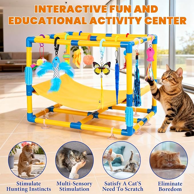 Cat Jungle Gym With Hanging Interactive Toys,Hammock Cat Activity Center For Kittens With Cat Self Groomer,Removable PVC Frame With Colored Spring Rope, Cat Enrichment Toys For Bored Indoor Adult Cats