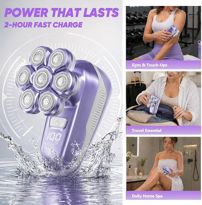 Electric Shaver for Women, Electric Razor with 7D Magnetic Shaver Heads, Wet Dry Bikini Trimmer Kit for Women & Men, Nose Ear Hair Trimmer, USB Rechargeable Clippers, Purple
