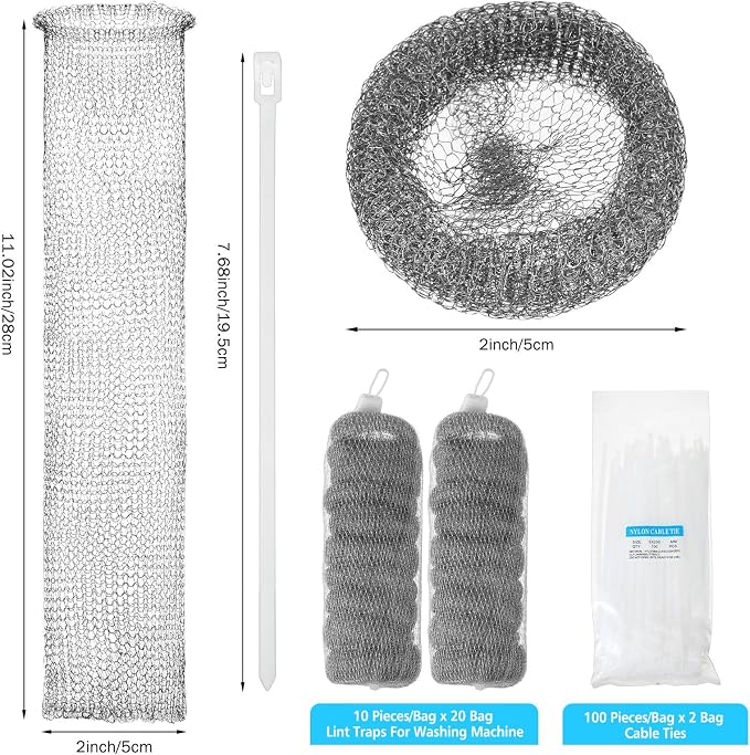 200 Pack Washing Machine Lint Traps for Washing Machine Hose Stainless Steel Lint Snare Traps Washer Lint Catcher Mesh Washing Machine Filter with Cable Ties for Washer Sink Drain Hose
