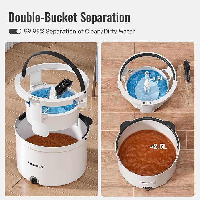 HoMettler Mop and Bucket Set, Spin Mop and Detachable Inner Mop Bucket with Separate Dirty/Clean Water System, Self-Wringing Square Mops for Floor/Wall Cleaning with 6 Microfiber Pads