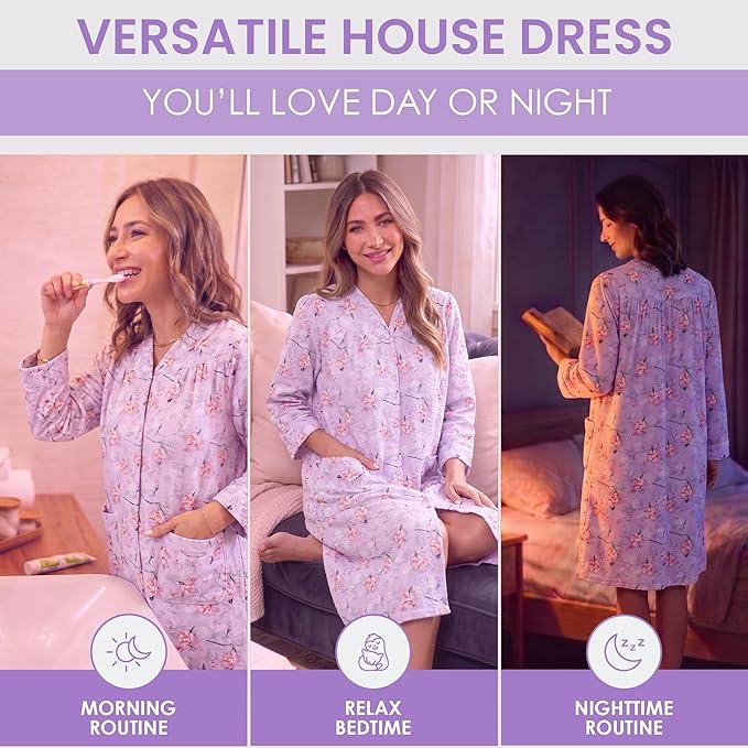 Casual Nights Women's Floral Snap Front Flannel Duster Long Sleeve Lounger Dress