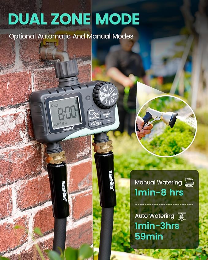 RAINPOINT Sprinkler Timer 2 Outlet, Water Timer for Garden Hose, Programmable Drip Irrigation for Yard Outdoor Watering, Rain Delay/Manual/Automatic System Controller 2.5" LCD, V2