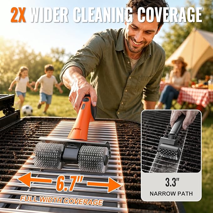 Electric Grill Brush, Cordless BBQ Grill Cleaner with Dual Rotating Heads, 450 RPM Motorized Grill Cleaning Brush with Forward & Reverse, LED Light, 6-Piece Replaceable Brush Set for Outdoor Grill