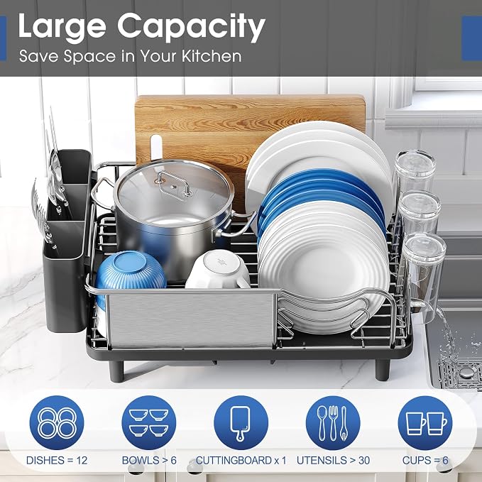 Urackify Stainless Steel Dish Drying Rack - Large Capacity Kitchen Counter Organizer with Drain Board, Utensil Holder & Detachable Cup Shelf, Surgical-Grade Rust-Proof Dish Drainer, Easy Assembly
