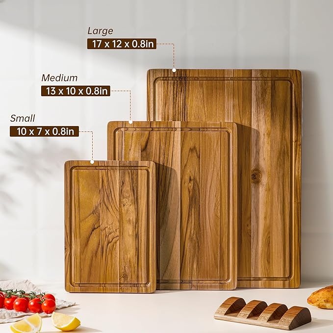 Teak Wood Cutting Board Set of 3 Wooden Cutting Boards for Kitchen | Premium Teak Wood • FSC Certified • Deep Juice Groove • Built-In Handles • Non-Slip Feet • 3 Practical Sizes • Gift-Ready Box