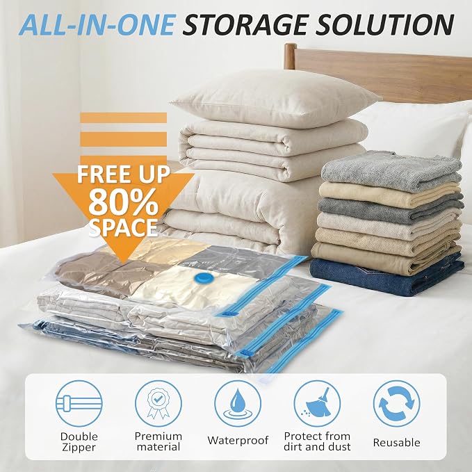 Cozy Essential Vacuum Storage Bags, 80% Compression Vacuum Seal Space Saver Plastic Packaging Bags for Clothes, Blankets, Pillow, Bedding, Comforters, Sealer Clothing Storage,12 Large