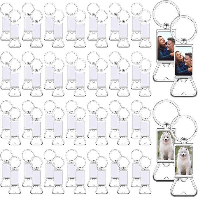 Bokon 60 Pcs Sublimation Blanks Keychains Metal Bottle Opener Keychains Transfer Sublimation Key Rings for Photos (3.7 x 1.22 Inches)