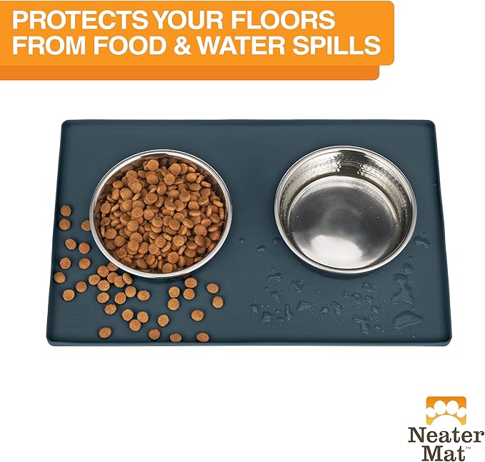 Neater Pet Brands Neater Mat Pet Mats for Food and Water, Cat & Dog Bowl Mat Waterproof Silicone, Feeding Tray, Dog Food Mats for Floors, Placemat w/Raised Edge for Under Bowls, 19” x 12”, Slate Blue