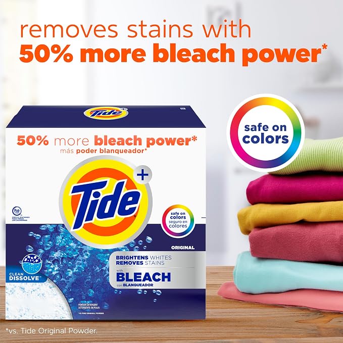 Tide Powder Laundry Detergent with Bleach, Original Scent, 89 Loads, 129 oz