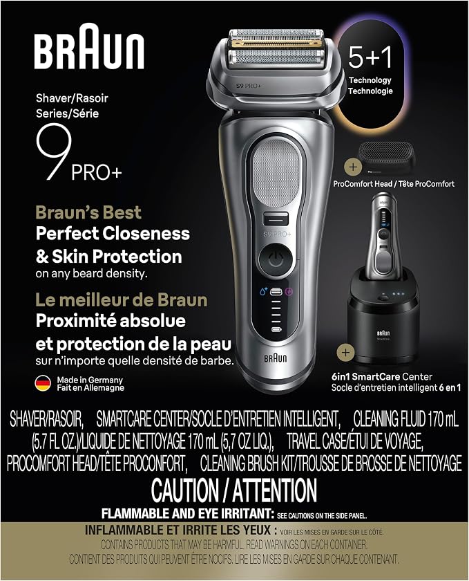 Braun Series 9 PRO+ Electric Shaver for Men, Wet & Dry Foil Razor, 6-in-1 SmartCare Clean & Charge Center, Built-in Precision ProTrimmer, ProComfort Attachment, Travel Case, Silver 9697cc