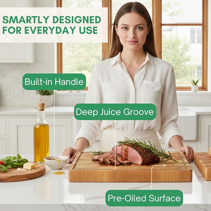 Acacia Wood Cutting Boards for Kitchen, 1.5 in Thick Butcher Block Construction for Stability, 15 x 10 in Medium Cutting Boards with Gift Box, Juice Groove and Handle