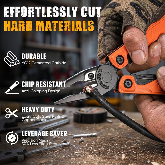 BIBURY Lightweight G10 Handle Multitool Pliers, 25-in-1 EDC Multi Tool with Replaceable Wire Cutters, Scissors, One-Hand Opening Pocket Knife Survival Tools for Camping, Repair,Survival -BI2048O