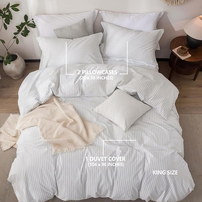 Stripe Linen Feel Duvet Cover King Size 104inch x 90inch,100% Washed Cotton Duvet Cover with Zipper Closure and 2 Pillowcases, Stripe of White-Cornflower Blue