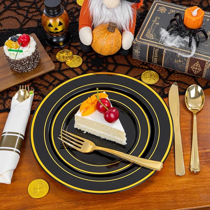 WDF Partyware 175PCS Black and Gold Plates - Black Disposable Plates for Party - 25Guests Disposable Dinnerware Set for Wedding/Party/Birthday/Halloween