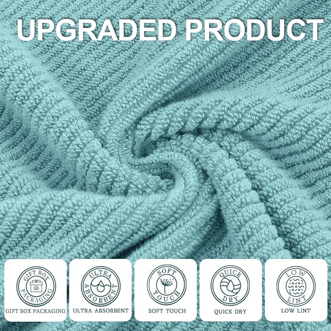 VOOVA & MOVAS 3PC Towel Set, 100% Cotton, Aqua Teal | 1 Large Bath 30x56 In, 1 Hand 18x28 In, 1 Wash Cloth 13x13 In, Quick Dry, Soft, Thick, Bathroom Essentials