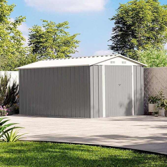 Patiowell 8 x 12 FT Outdoor Storage Shed, Metal Storage Shed, Gray | Steel Shed Storage House with Design of Lockable Doors, Utility and Tool Storage for Garden, Patio, Backyard, Outside use