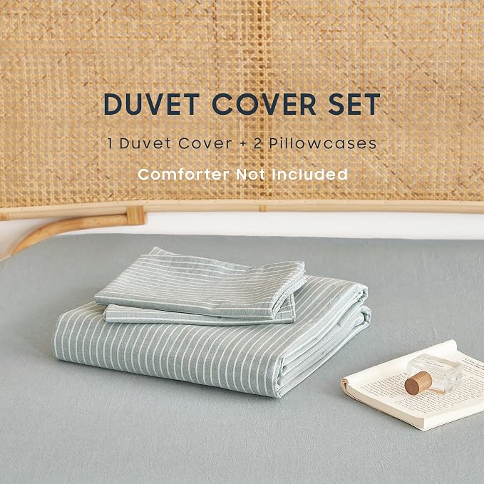 Wake In Cloud - Striped Cotton Duvet Cover Set, 100% Washed Cotton Textured Bedding Set, Ticking Stripe Pinstripe Farmhouse, 3 Pieces, Greyish Blue, King Size