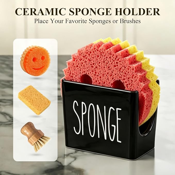 Cisily Amber Kitchen Soap Dispenser Set with Ceramics Sponge Holder | Black Metal Pump Head, Quick-Drying Soil Plate
