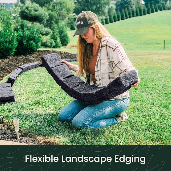 Landscape Edging | Garden Edging Border | Polyrock Blocks for Lawn Edging, Flower Beds & Yard Edging – 4 Pack | Each Section Has 6 Blocks 48" L x 4" W x 6.5" H | 8 Spikes | Charcoal