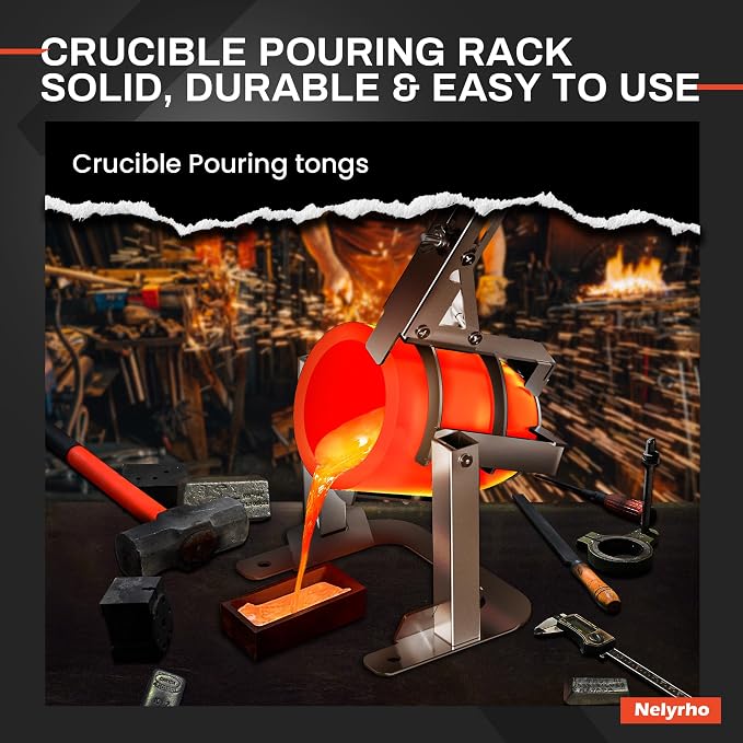 Nelyrho Handheld Crucible Pouring Tongs with Crucible #25 (25kg-55lbs) | Includes pouring rack and graphite crucible, designed for use with melting furnaces, casting gold, silver, aluminium, brass